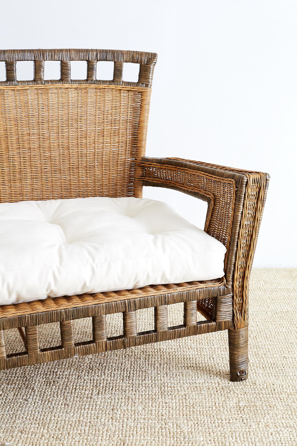 French Deco Style Rattan Wicker Settee and Ottoman 3