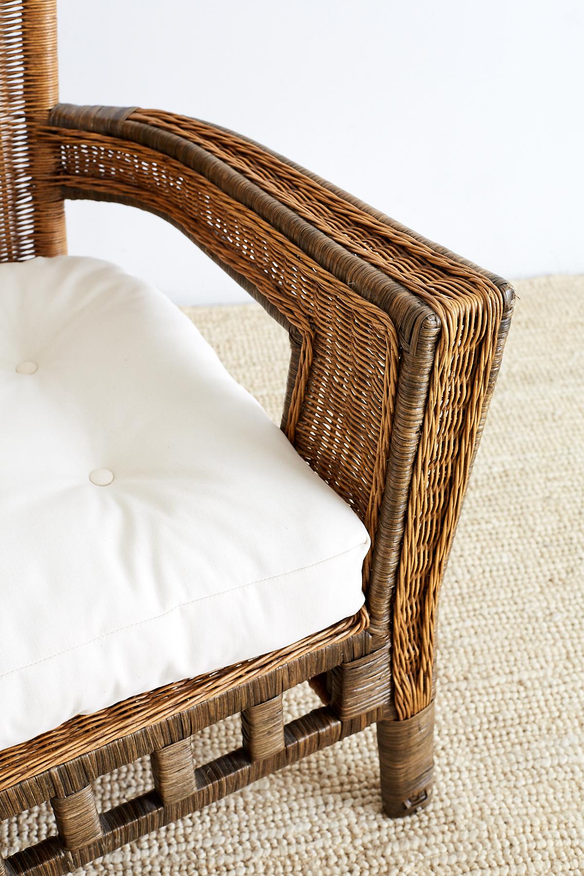 French Deco Style Rattan Wicker Settee and Ottoman 4