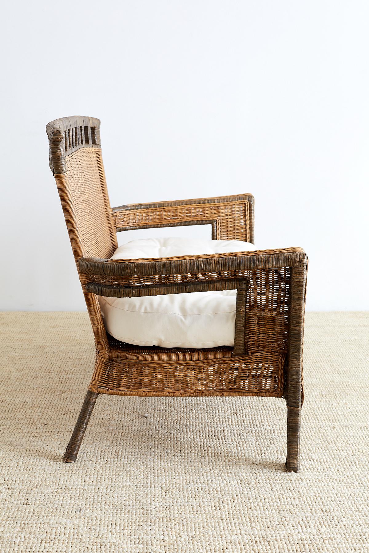 French Deco Style Rattan Wicker Settee and Ottoman 6