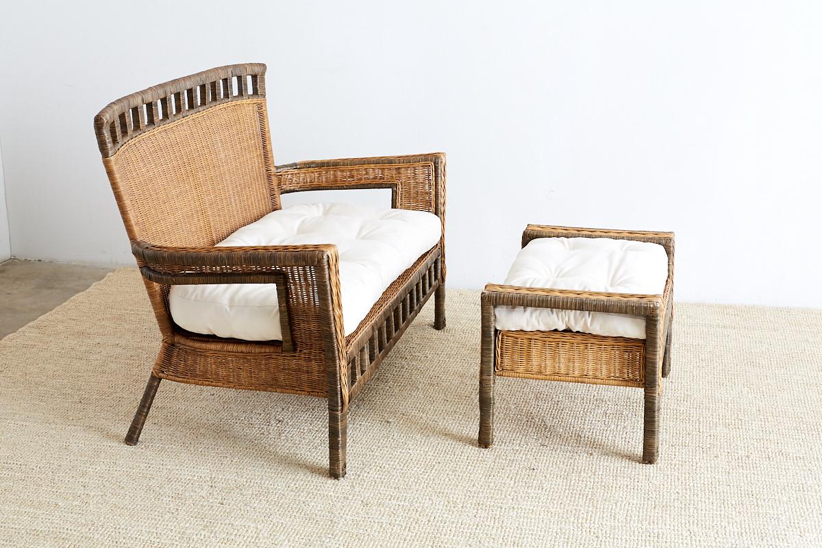 French Deco Style Rattan Wicker Settee and Ottoman 7