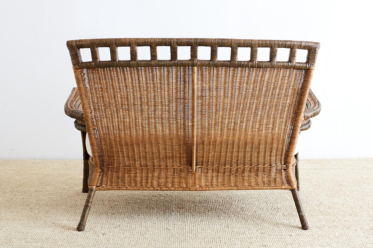 French Deco Style Rattan Wicker Settee and Ottoman 8