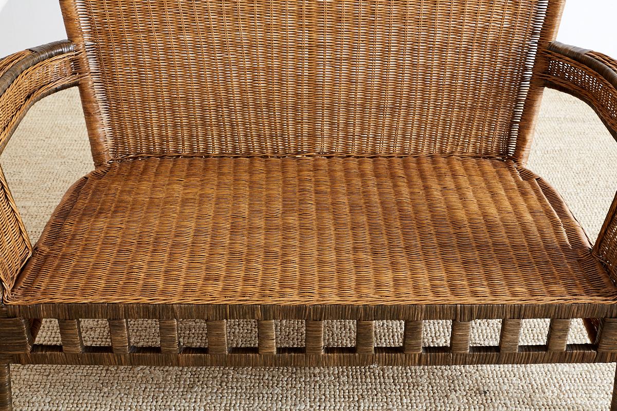 French Deco Style Rattan Wicker Settee and Ottoman 10