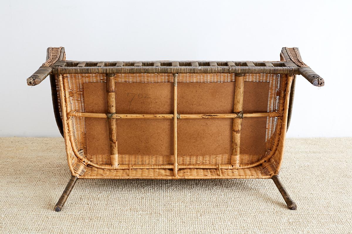 French Deco Style Rattan Wicker Settee and Ottoman 11