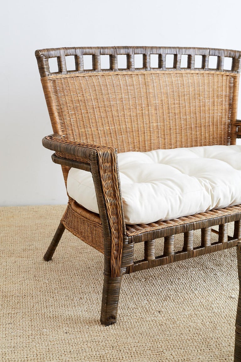 French Deco Style Rattan Wicker Settee and Ottoman at 1stDibs