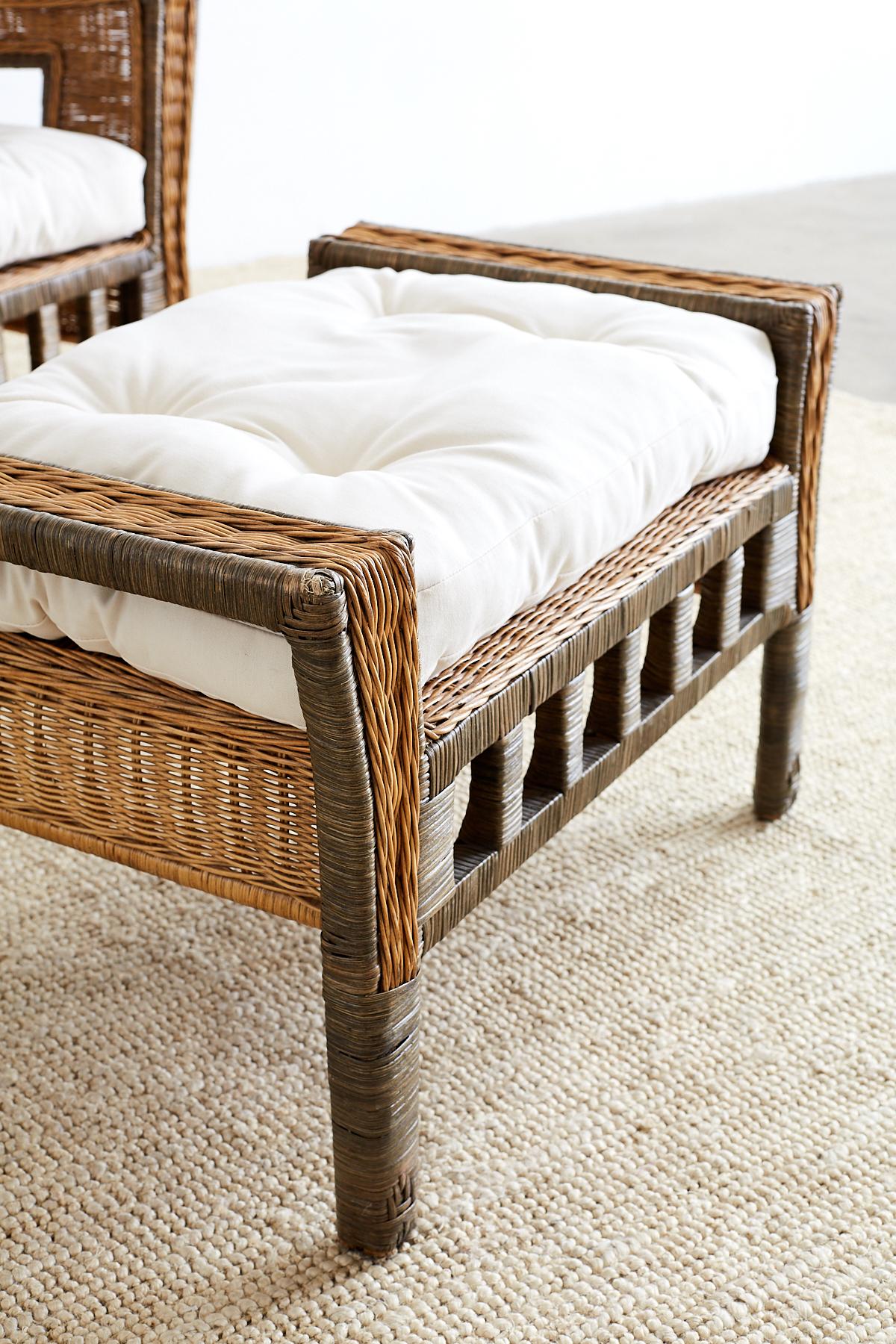 Fabric French Deco Style Rattan Wicker Settee and Ottoman