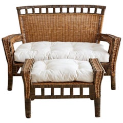French Deco Style Rattan Wicker Settee and Ottoman