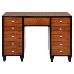 Vintage French Deco Writing Desk In Walnut With White Bone Knobs