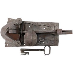 Antique French Decorated Hand-Wrought Iron Locking Latch with It's Key, Louis XVI