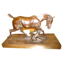 French Decorative Animal Bronze Sculpure "Cheval Et Bulldog" by Auguste Vimar