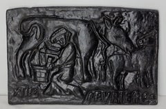 French Decorative Cast Iron Plate with Cow Calf and Farmer, 19th Century
