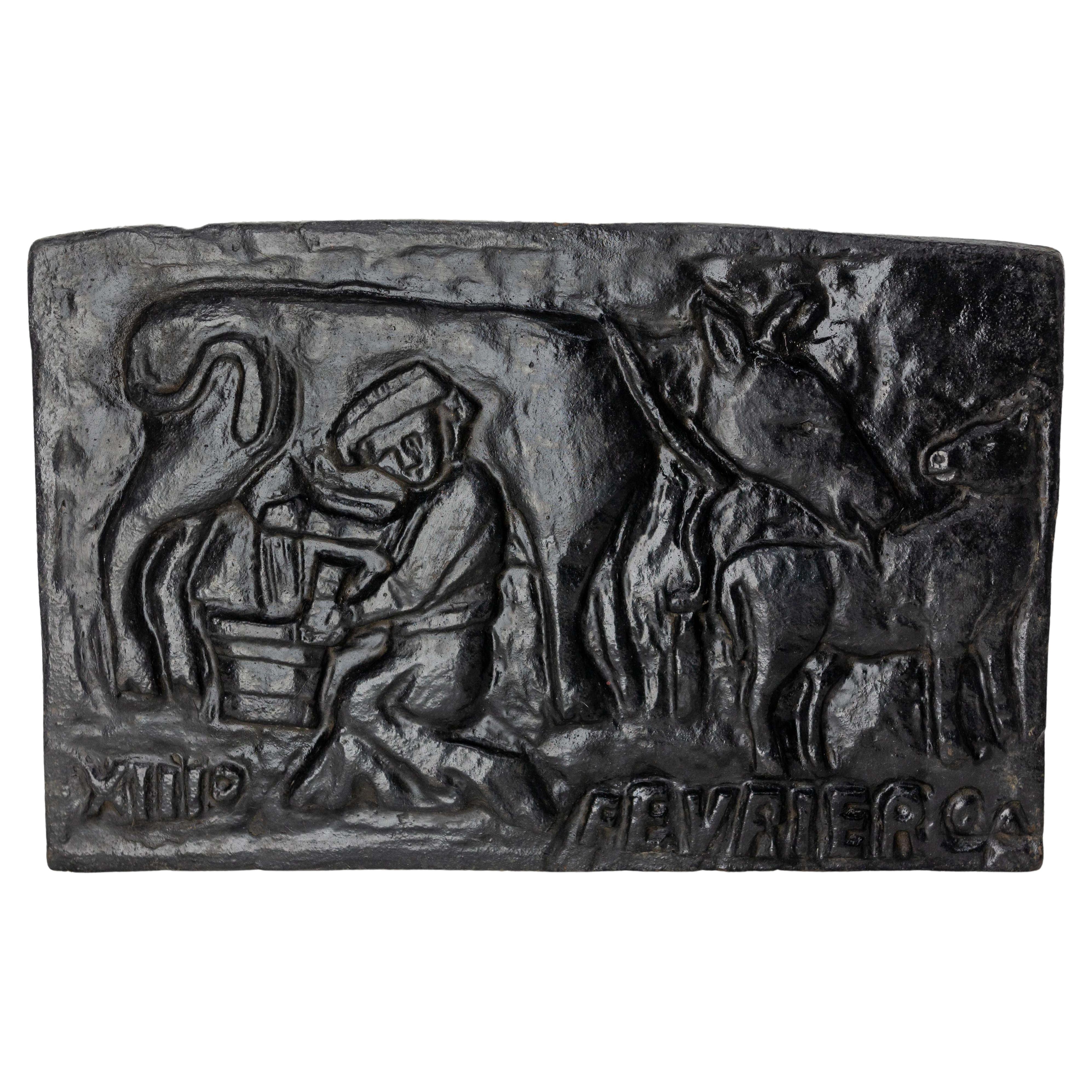 French Decorative Cast Iron Plate with Cow Calf and Farmer, 19th Century For Sale