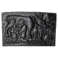 French Decorative Cast Iron Plate with Cow Calf and Farmer, 19th Century