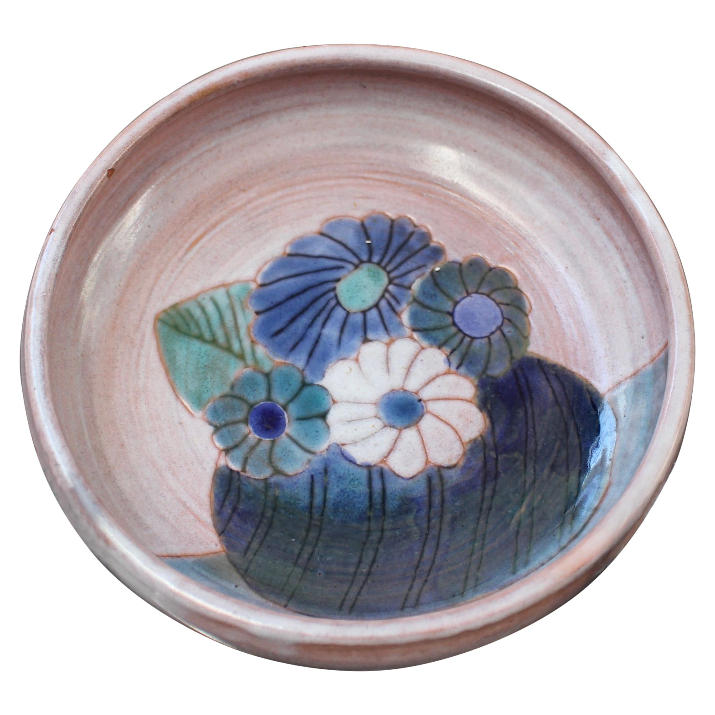 French Decorative Ceramic Bowl with Flowers Motif by the Frères Cloutier, Small