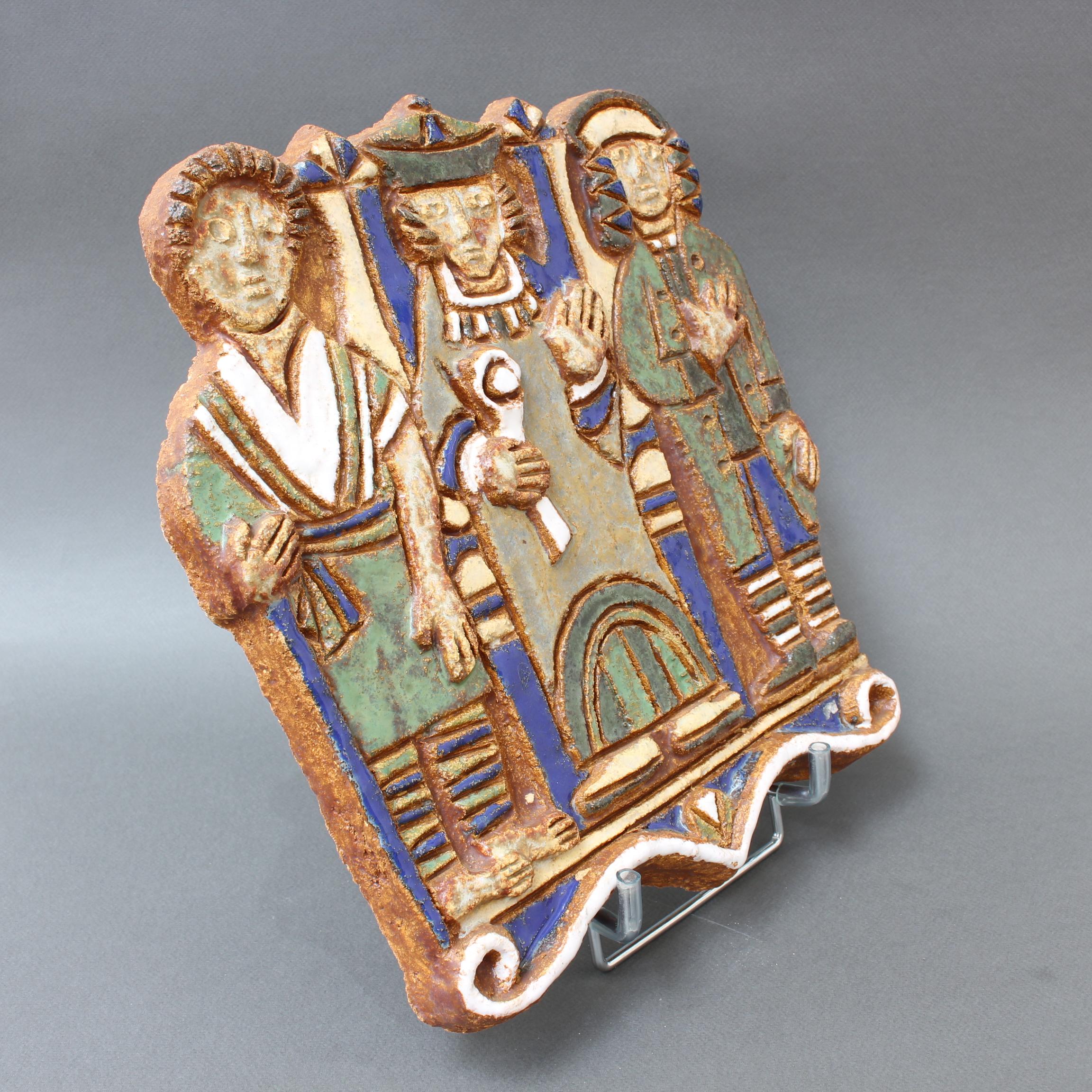 French Decorative Ceramic Wall Plaque with Three Figures by Les Argonautes 1960s For Sale 1