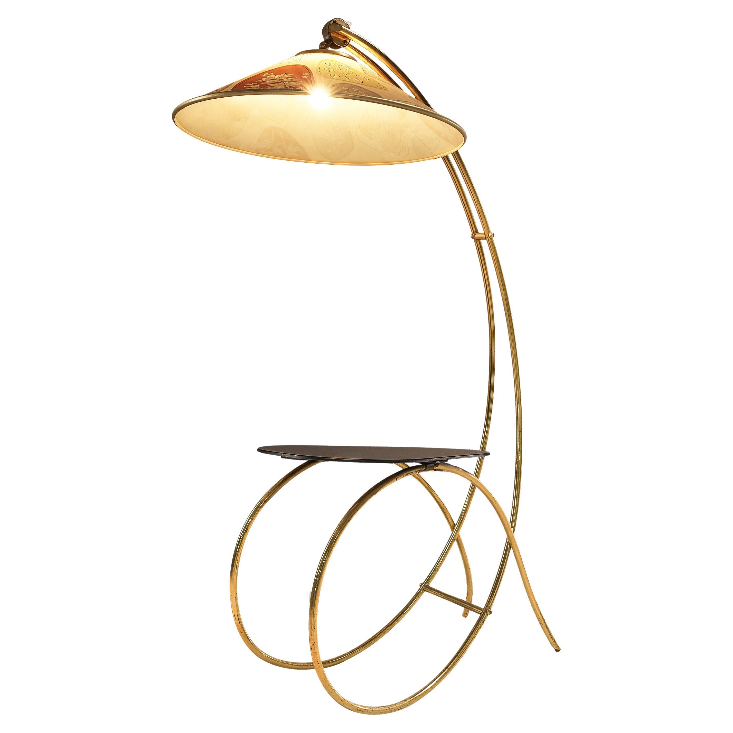 French Decorative Floor Lamp with Side Table in Lacquered Glass and Brass For Sale at 1stDibs