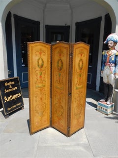 French Decorative Foliage Painted Three Panel Arched Leather Screen, Circa 1840