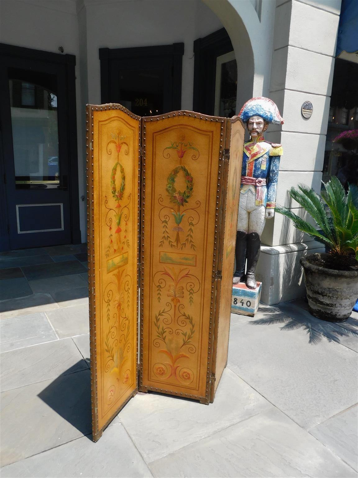 Louis Philippe French Decorative Foliage Painted Three Panel Arched Leather Screen, Circa 1840 For Sale