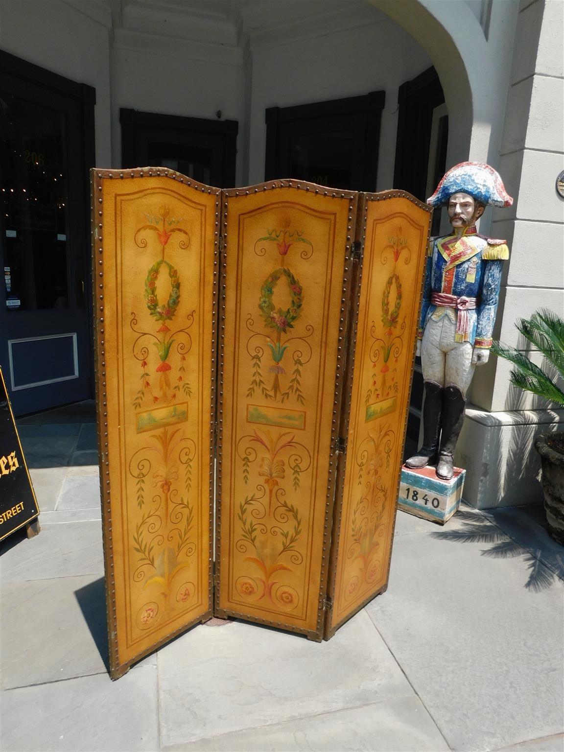 Hand-Crafted French Decorative Foliage Painted Three Panel Arched Leather Screen, Circa 1840 For Sale