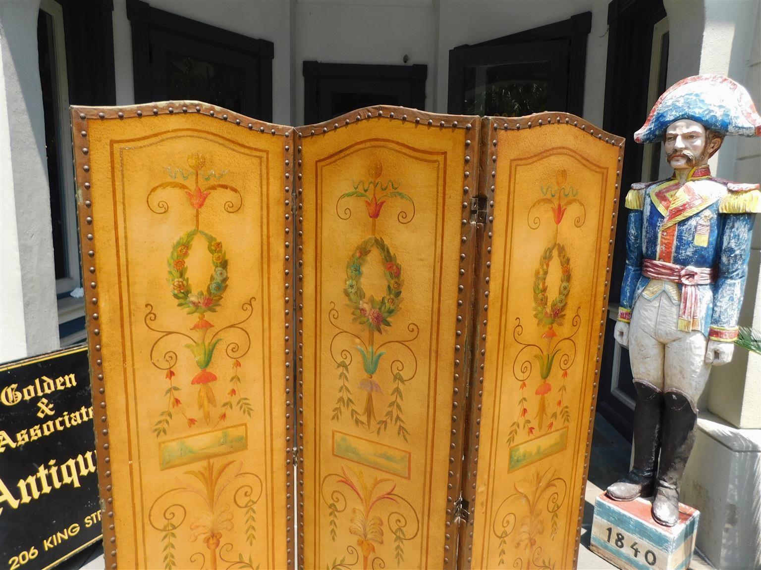 Mid-19th Century French Decorative Foliage Painted Three Panel Arched Leather Screen, Circa 1840 For Sale