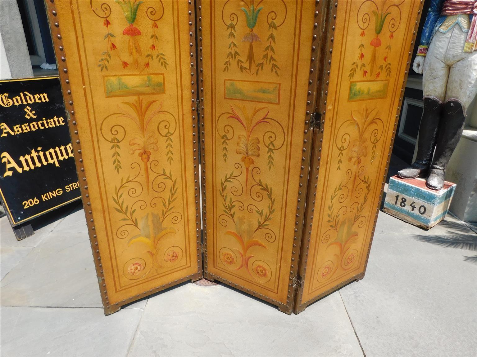 Brass French Decorative Foliage Painted Three Panel Arched Leather Screen, Circa 1840 For Sale