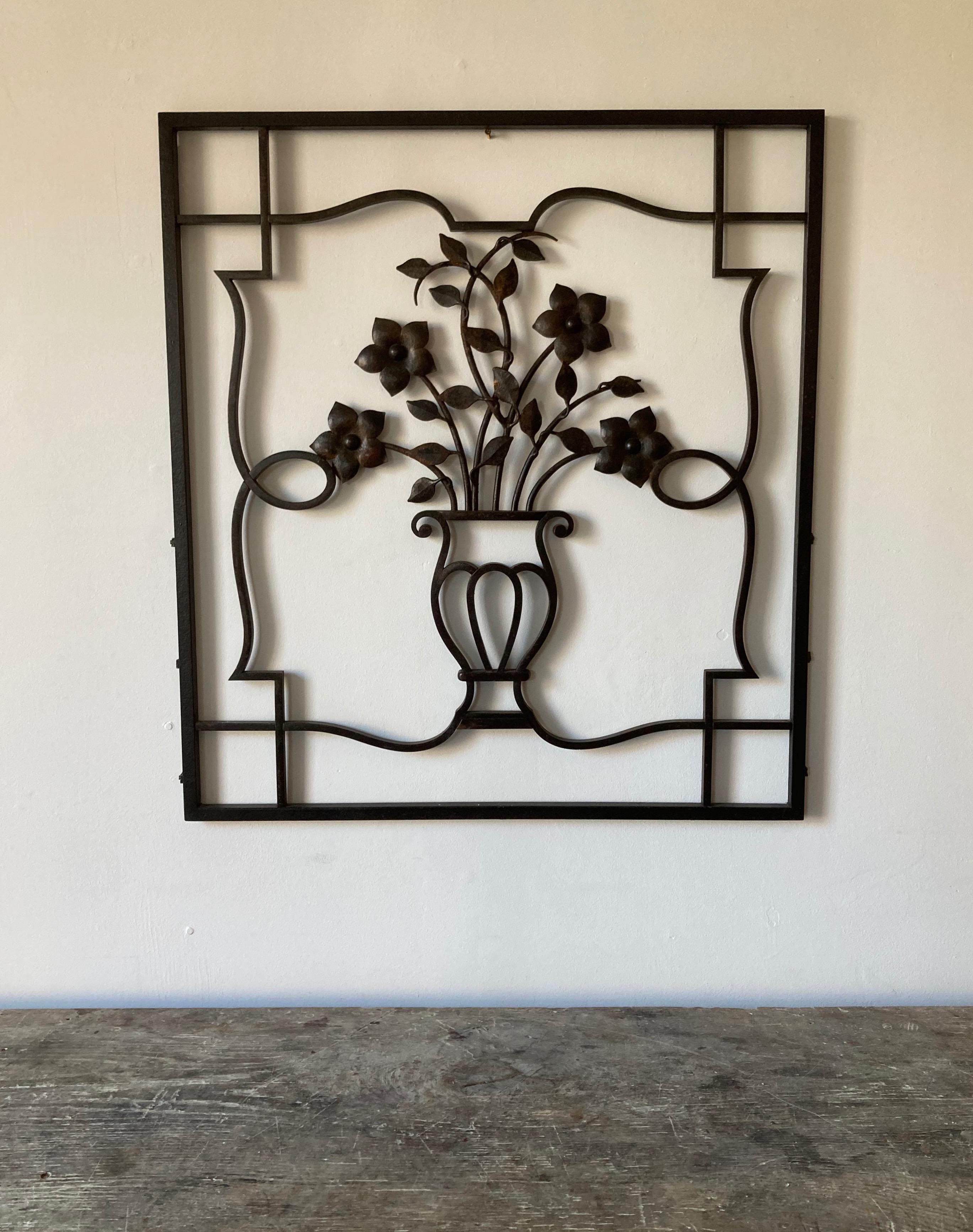 French Provincial French Decorative Iron Wall Sculpture or Applique, Urn and Floral Motif For Sale