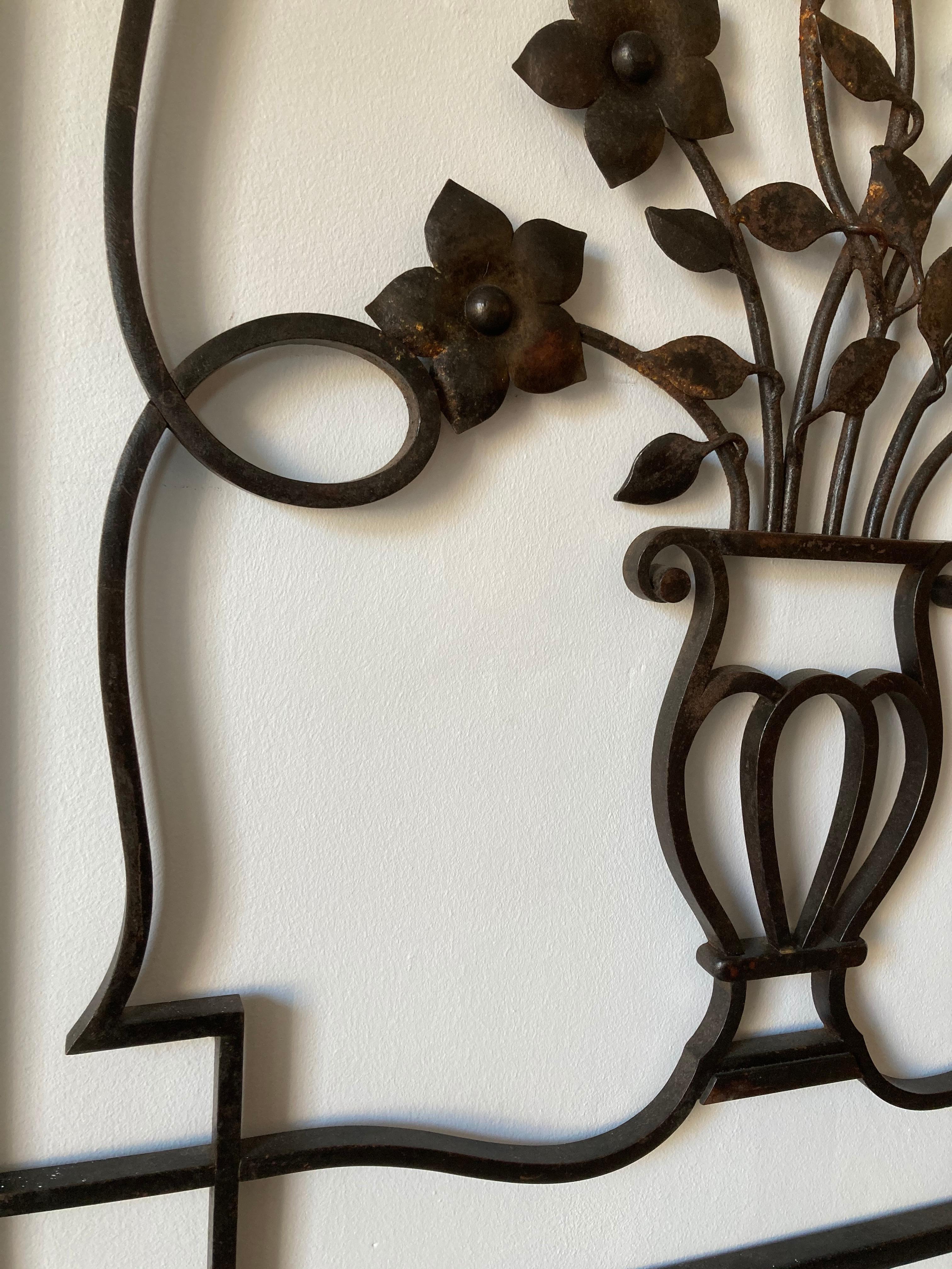 French Decorative Iron Wall Sculpture or Applique, Urn and Floral Motif In Good Condition For Sale In Somerton, GB