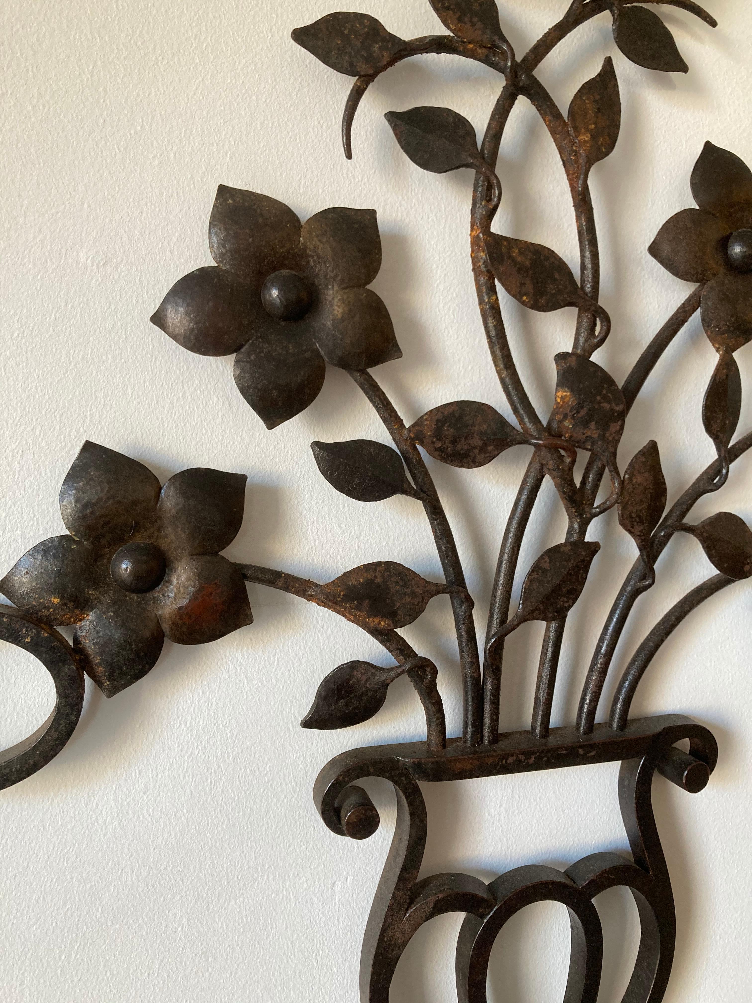20th Century French Decorative Iron Wall Sculpture or Applique, Urn and Floral Motif For Sale