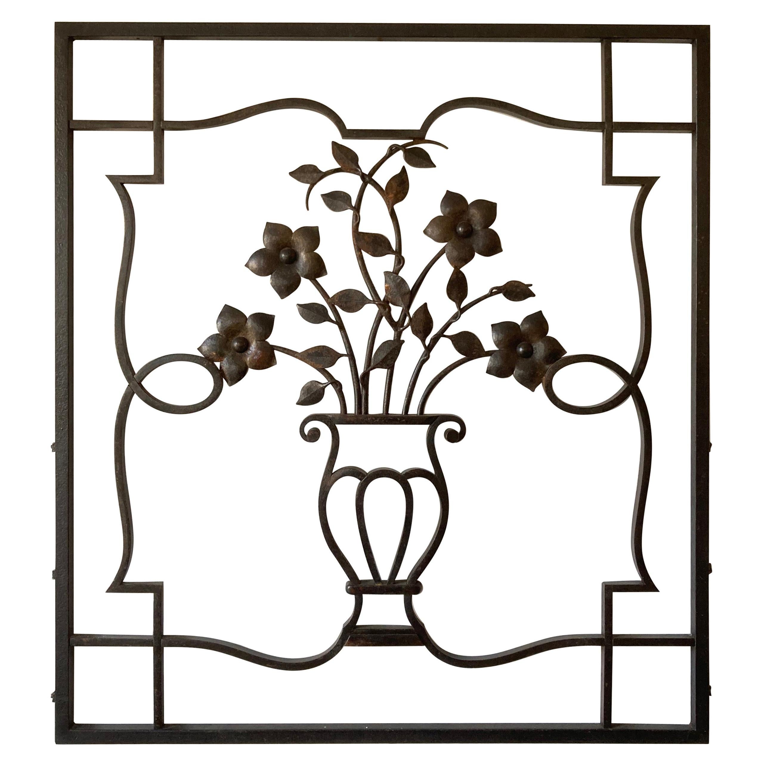 French Decorative Iron Wall Sculpture or Applique, Urn and Floral Motif For Sale