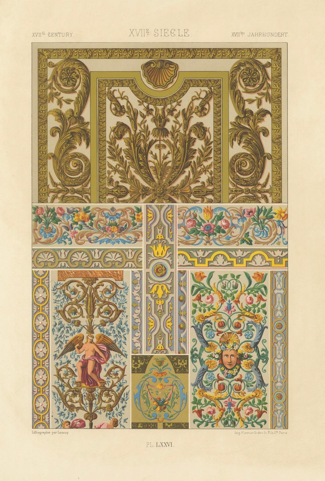 Französisches Zierornament des 17. Jahrhunderts - Barocke Tafelmuster, Tafel LXXVI

Diese beeindruckende antike Chromolithografie zeigt eine reiche Auswahl französischer Zierornamente aus dem 17. Jahrhundert, die detailgetreu nach originalen