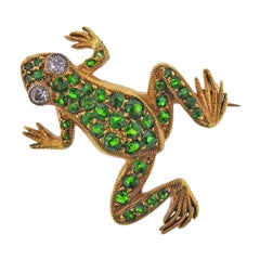French Demantoid Garnet Diamond Frog Brooch Pin