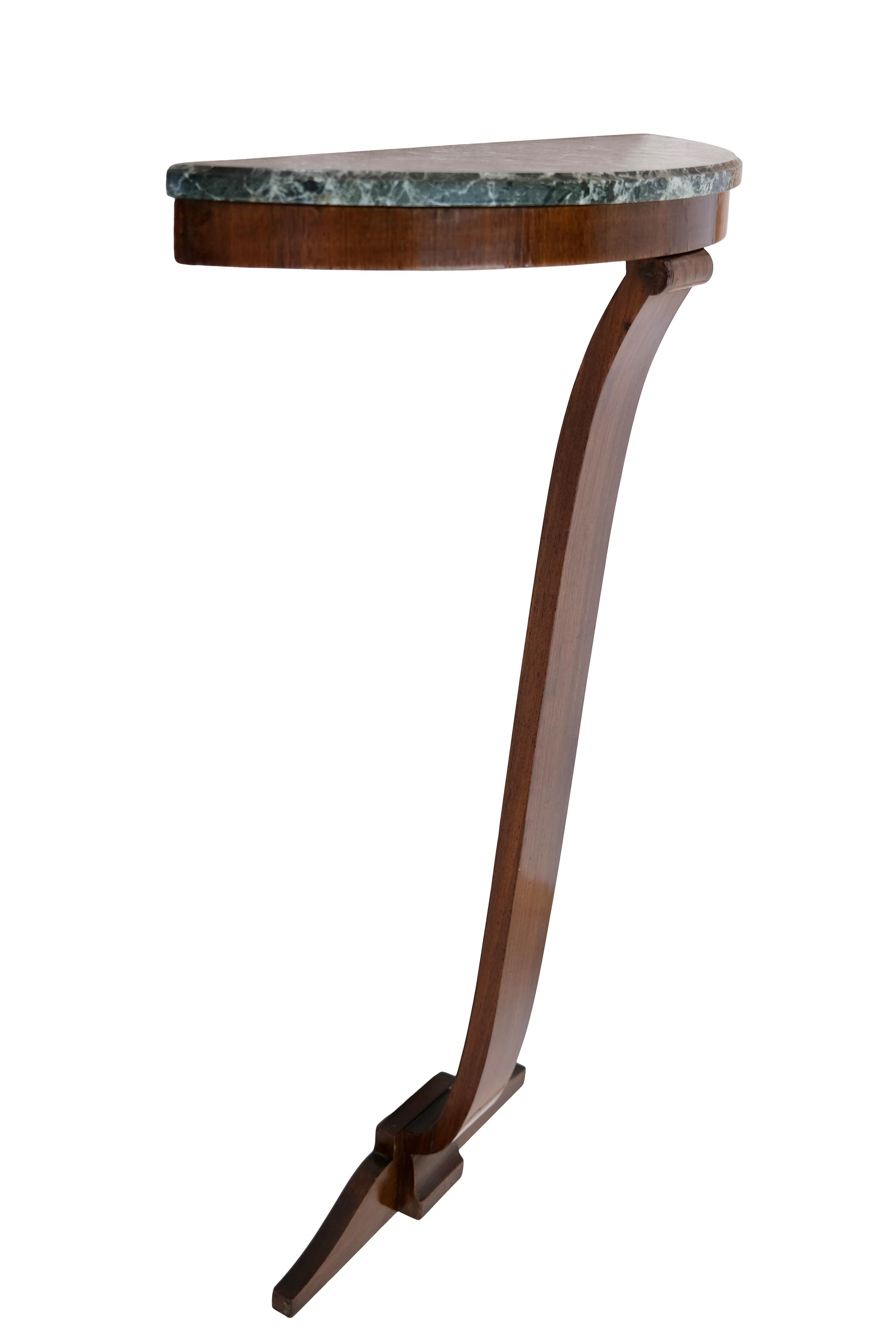 Demi lune console table
Probably Oak, Mahogany color stained 
Shellac hand polished
Marble top

Original Art Deco, France 1930s

Dimensions:
Width: 67 cm
Height: 98 cm
Depth: 20.5 cm.