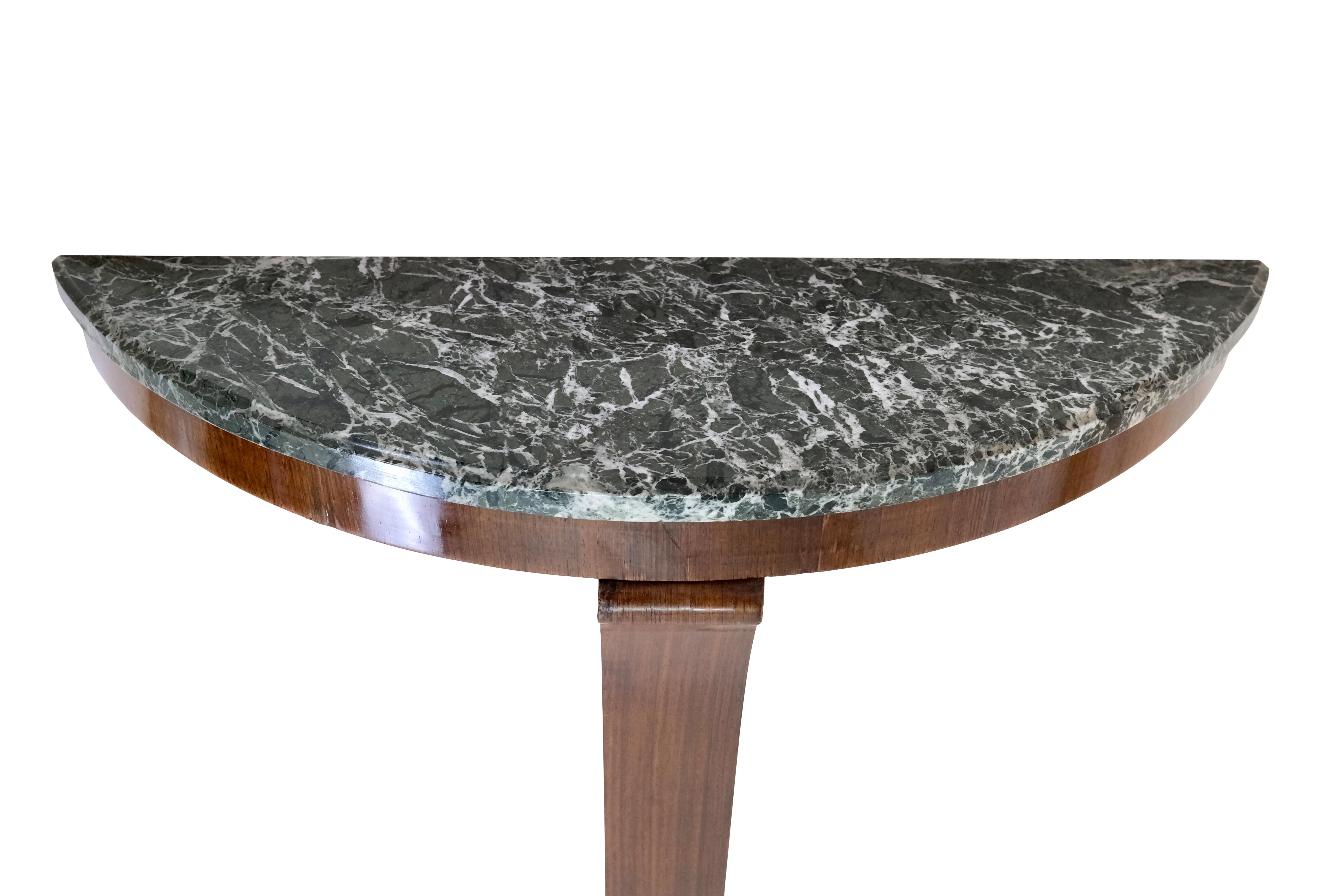 Stained French Demi Lune Art Deco Console Table in Wood and with Marble Top For Sale