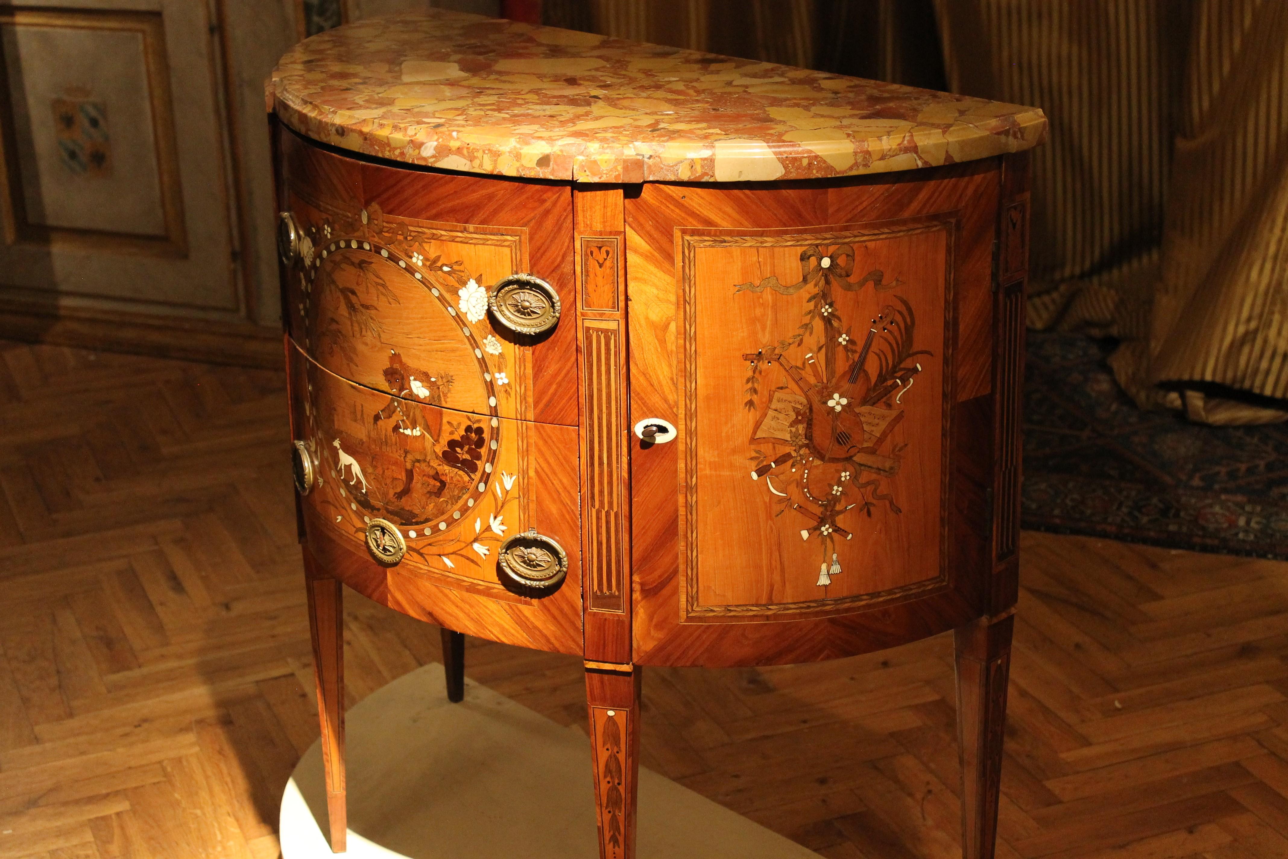 Hand-Carved Antique Louis XVI French Demilune Marquetry Chest of Drawers Stamped Tondeur For Sale