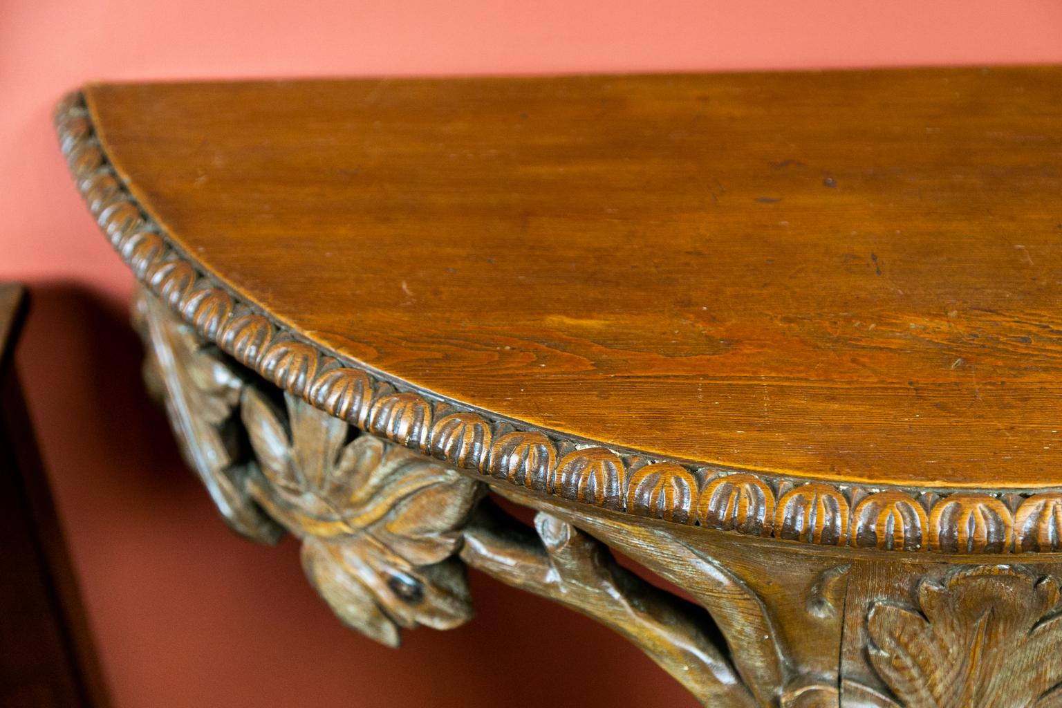 Mid-19th Century French Demilune Pine Console Table For Sale