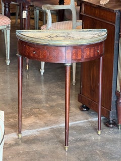 French Demi-Lune Side Table With Marble Top and Brass Gallery