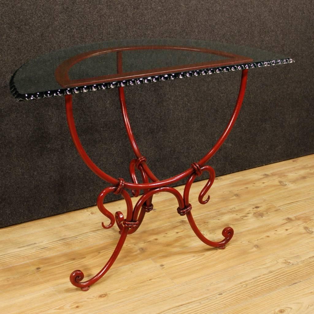 French Demilune Console Table in Red Painted Metal with Glass Top, 20th Century 4