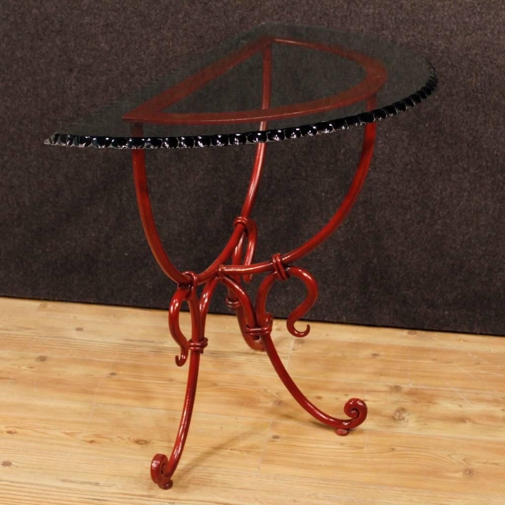 French Demilune Console Table in Red Painted Metal with Glass Top, 20th Century 6
