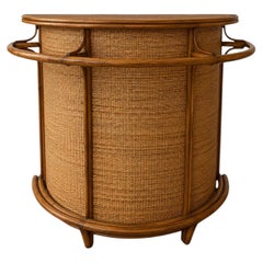 French Demilune Dry Bar, Rattan and Woven Grasscloth, 1970s