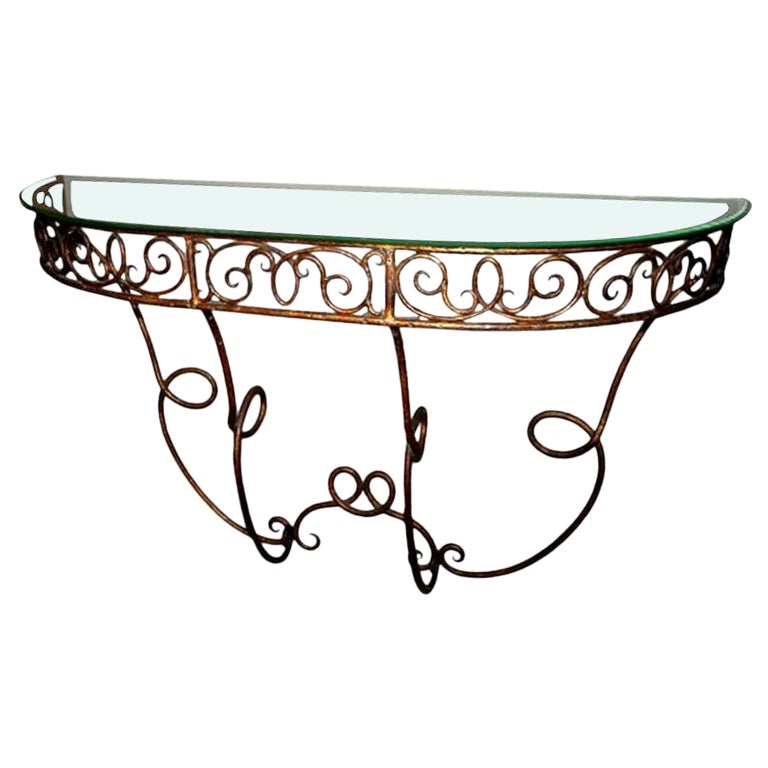 French Demilune Gilded Metal Console Table with Glass Top, 1920s