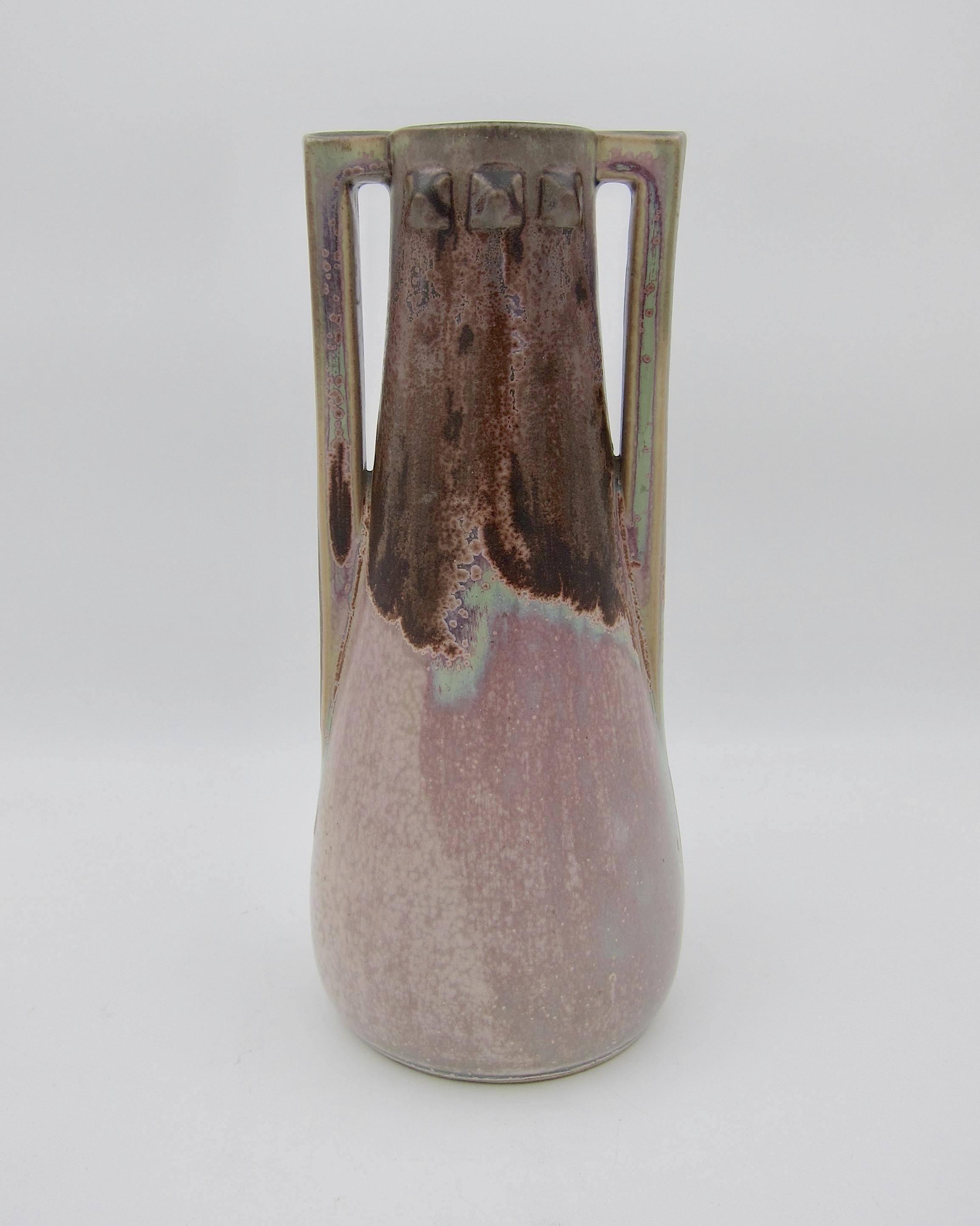 Art Nouveau French Denbac Pottery Vase with Iridescence, Drip and Crystalline Glaze