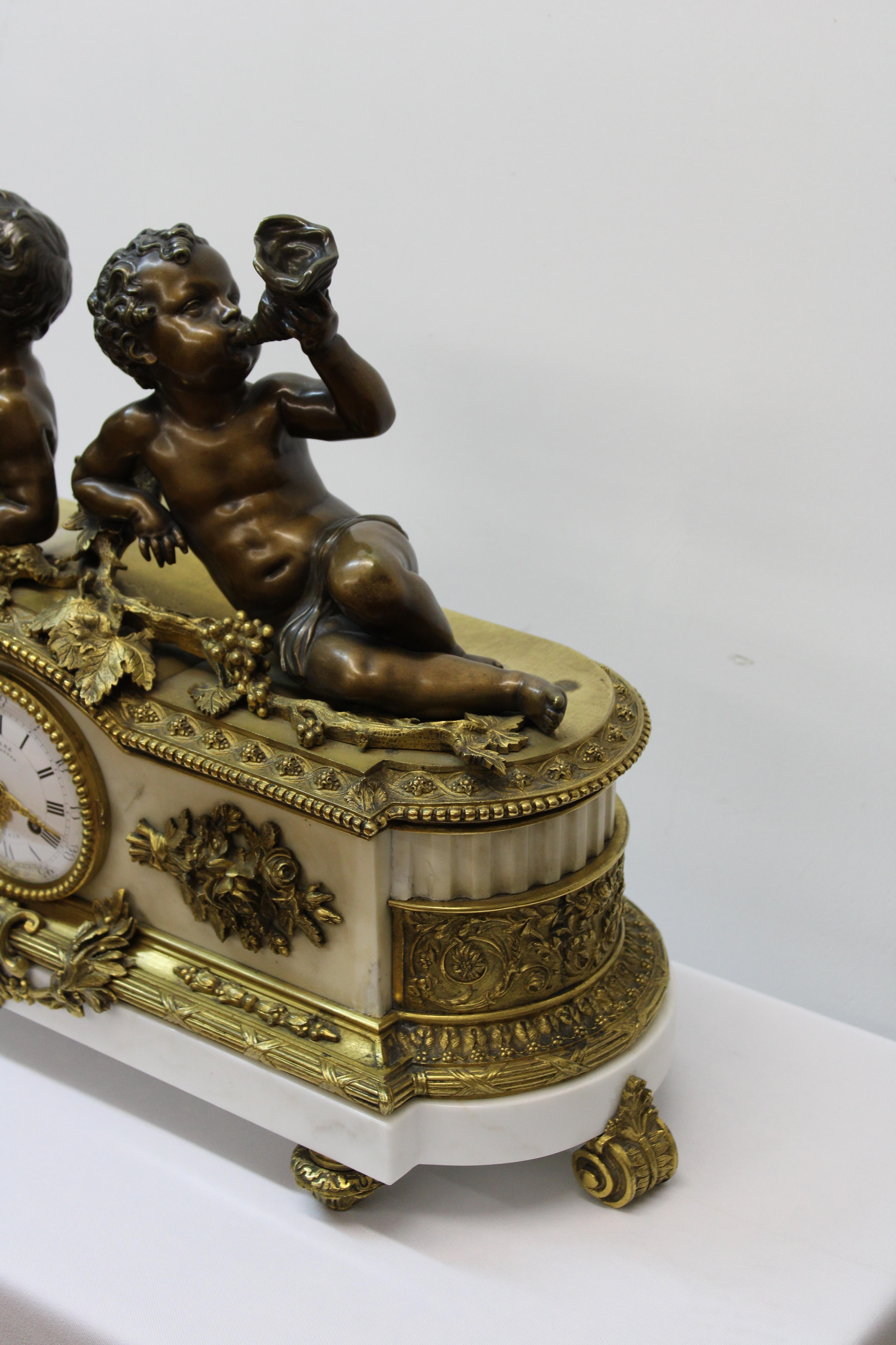 19th Century French Deniere Bronze & Marble Figural Mantel Clock For Sale