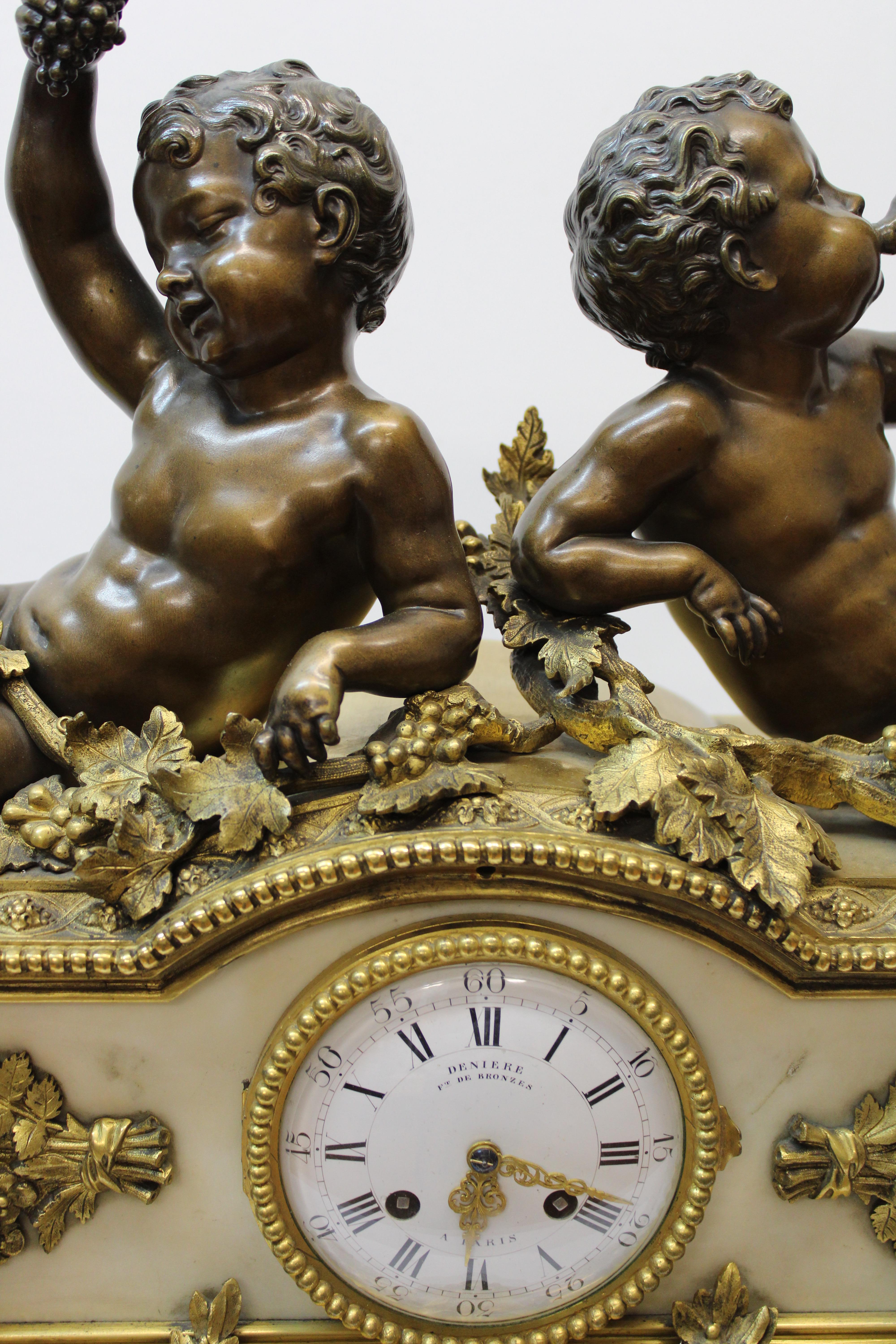 French Deniere Bronze & Marble Figural Mantel Clock For Sale 3