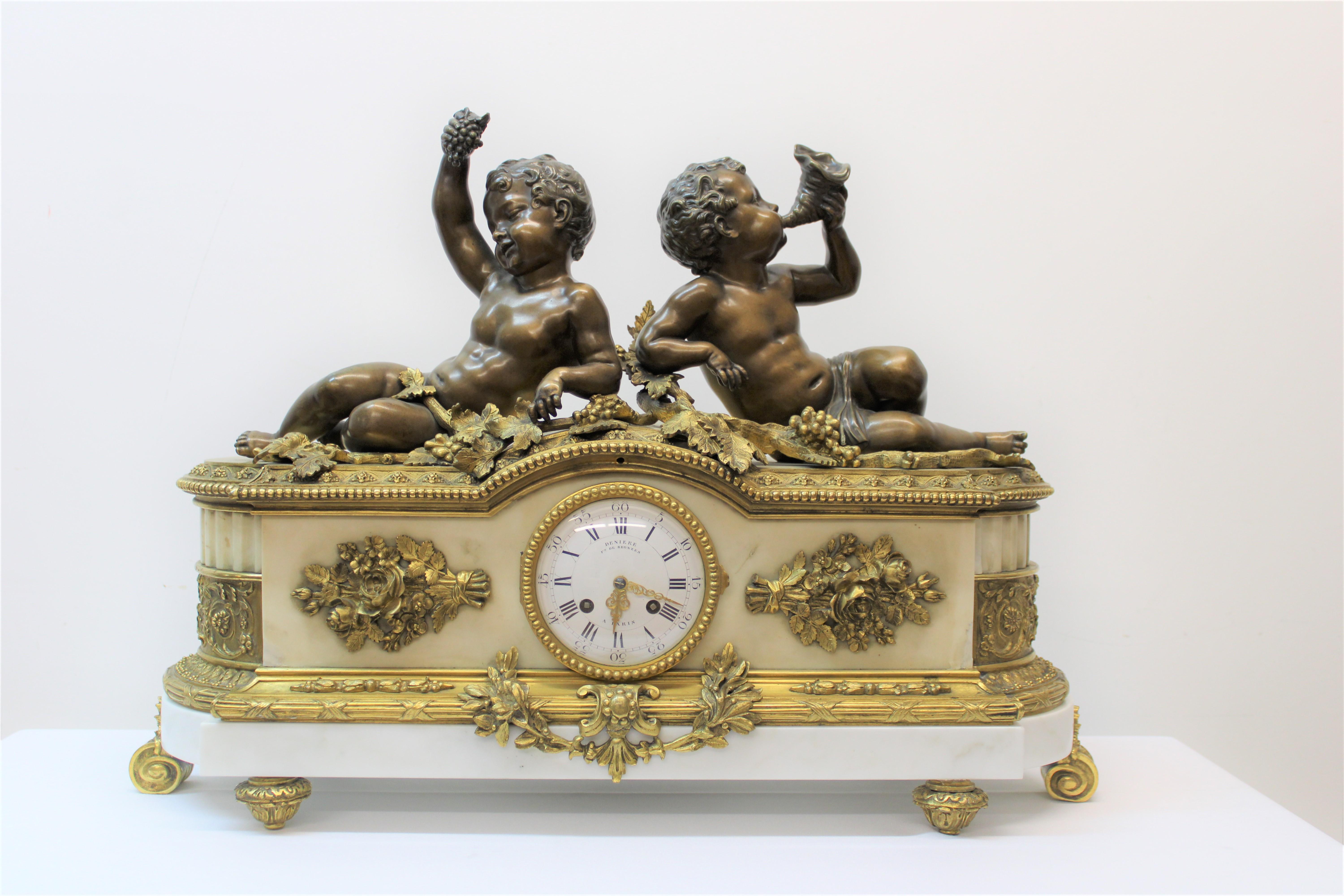 French Deniere Bronze & Marble Figural Mantel Clock For Sale