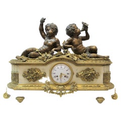 French Deniere Bronze & Marble Figural Mantel Clock