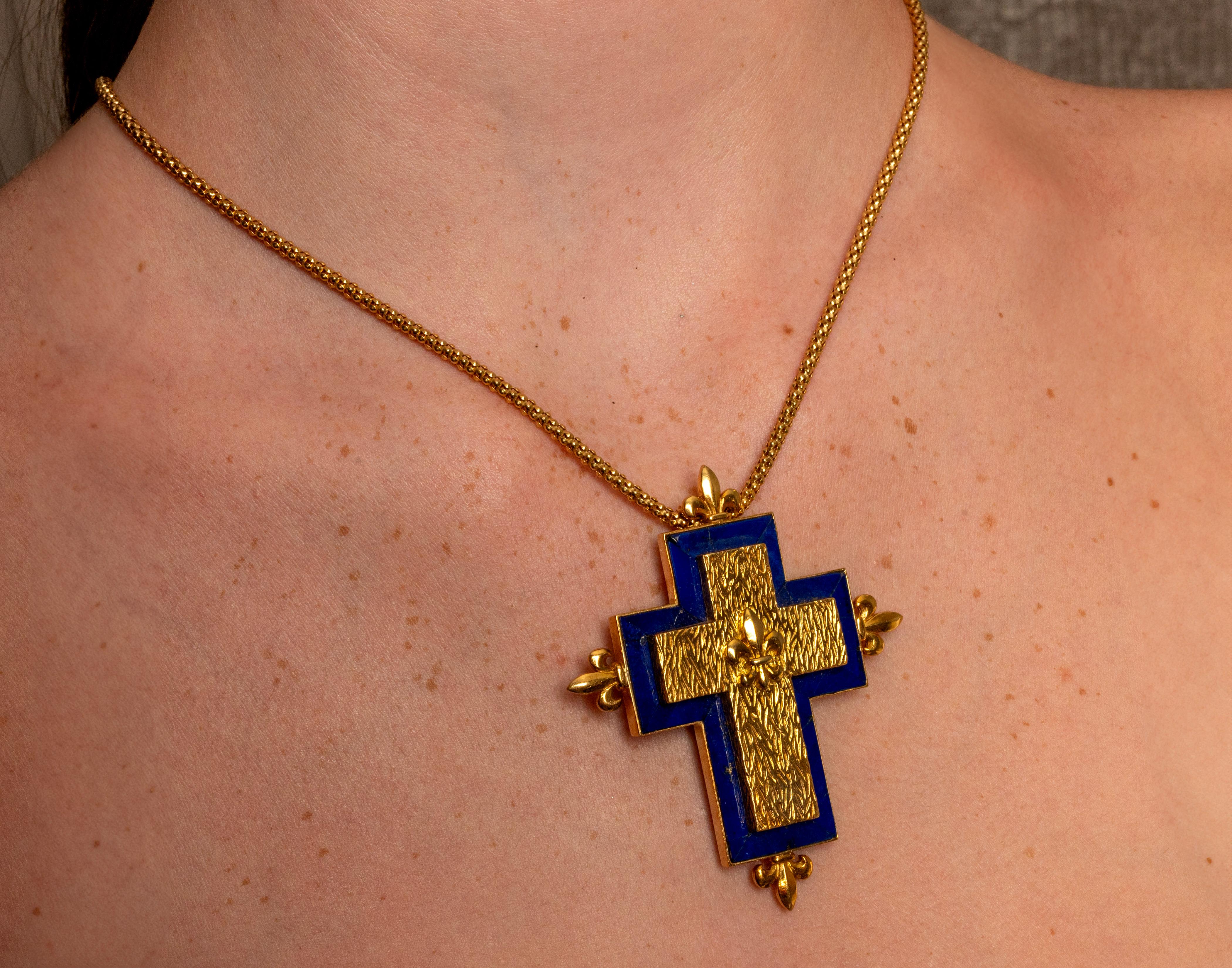Mixed Cut French Depose Lapis Lazuli Cross Pendant Necklace