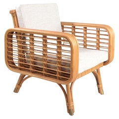 French Design 1950s Style Rattan and Brass Armchair with Beige Fabric Cushions 