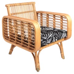 French Design 1950s Style Rattan and Brass Armchair with Lelièvre Tiki Fabric