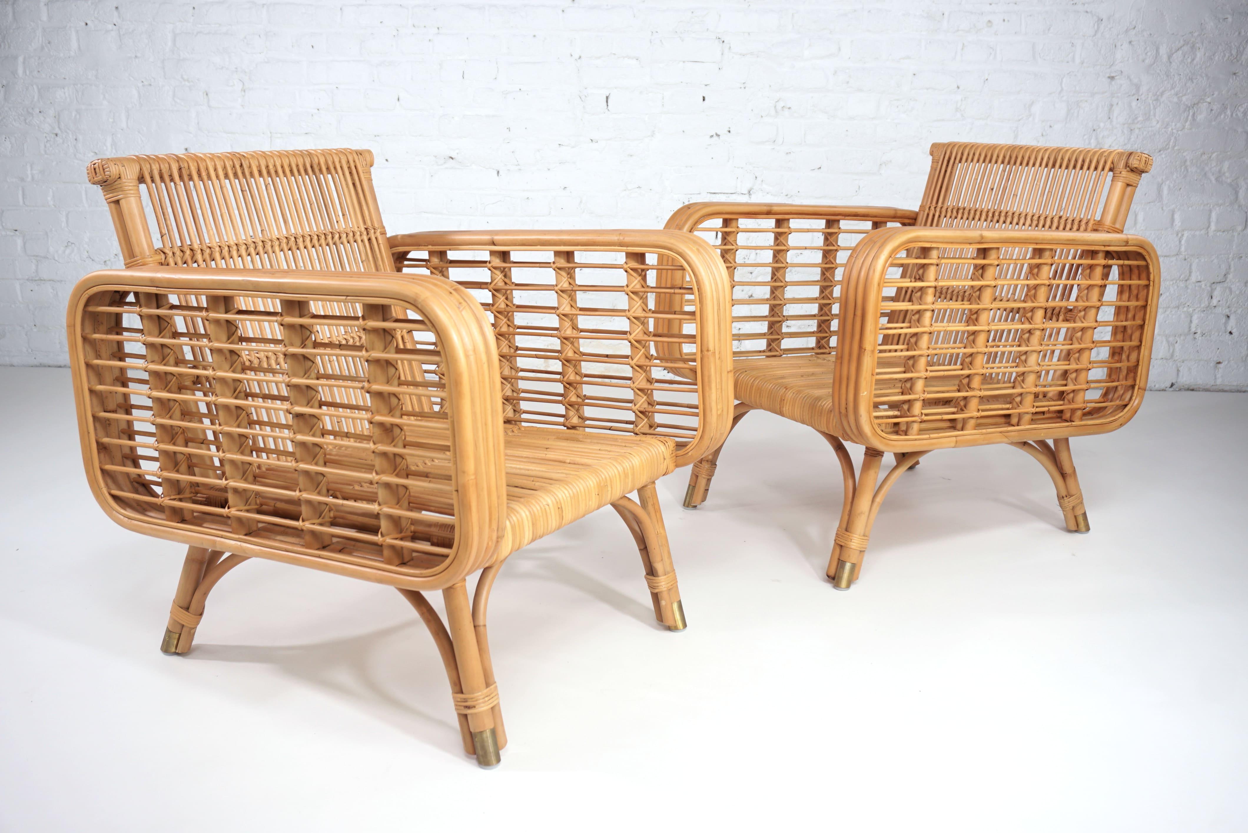 Mid-Century Modern French Design and 1950s Style Rattan and Brass Pair of Armchairs
