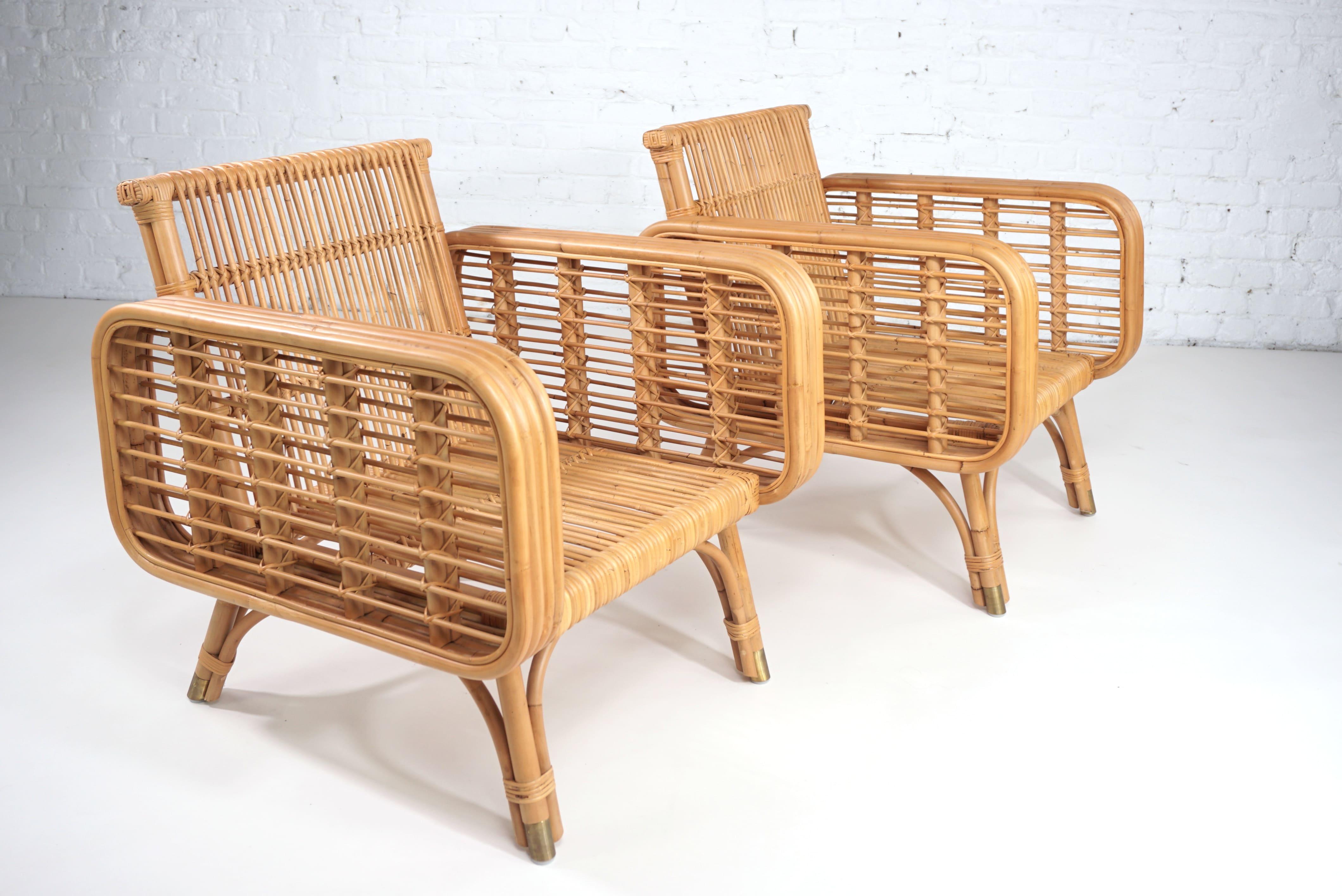 European French Design and 1950s Style Rattan and Brass Pair of Armchairs