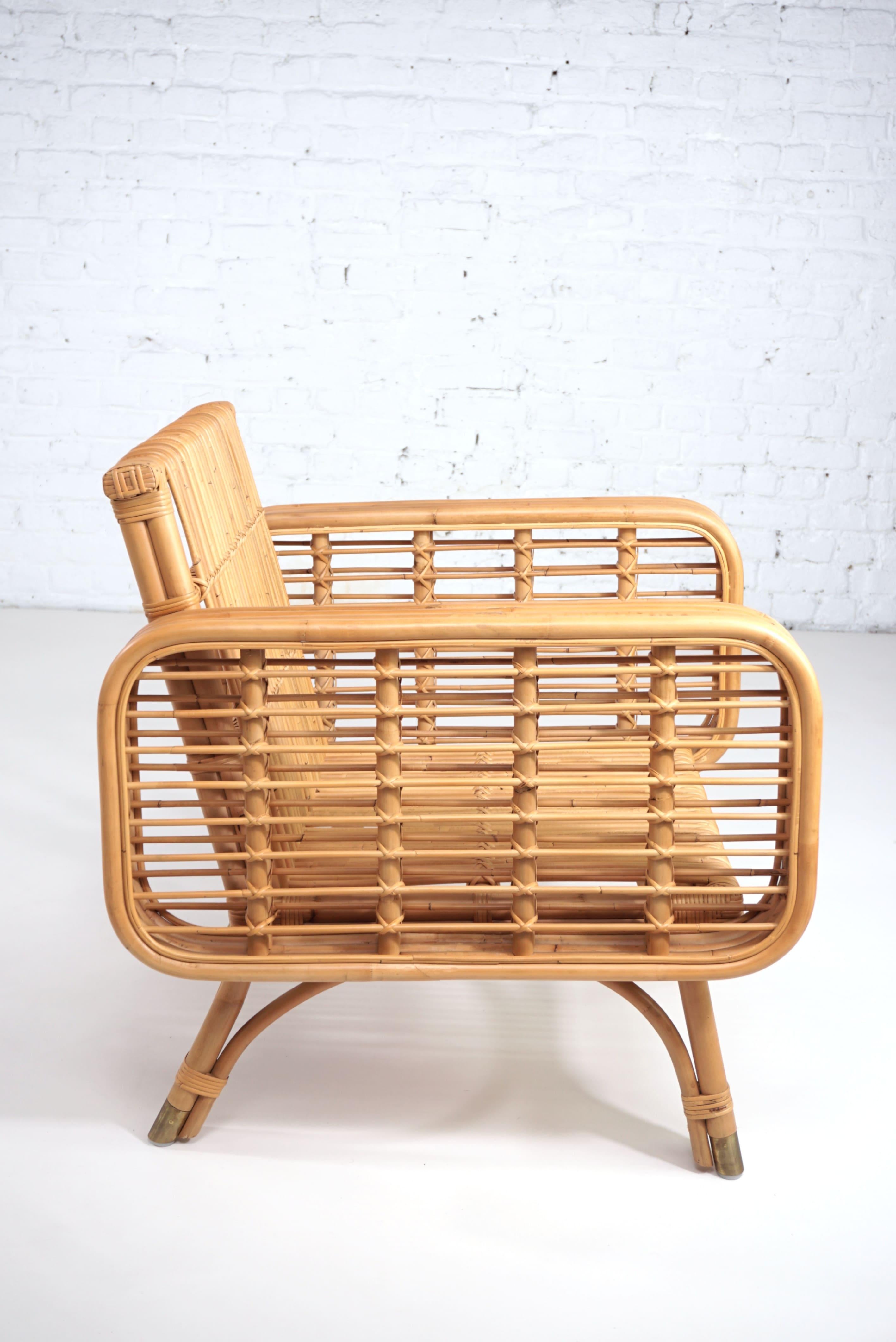Contemporary French Design and 1950s Style Rattan and Brass Pair of Armchairs